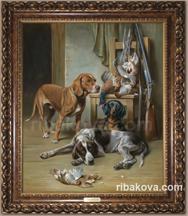 Картина с охотничьими собаками и трофеями.